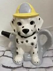 Ceramic Hand Painted Dalmation Dog Puppy Yellow FIREMAN HAT Teapot Tea Pot