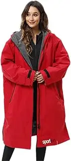 NUZAMAS Waterproof Changing Robe Surf Poncho Swim Robe Stay Warm Long-sleeved Double-Layer Waterproof Hooded for Swimming Surfing Bathing Unisex L Size, Red, Large