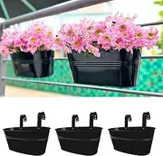 LaLaGreen Planter Boxes Outdoor (3 Pack, 9.8 Inch) Small and Cute Black Metal Iron Hanging Flower Pots Deck Railings Fence Modern Garden Boho Style Wall Mount Window Box Plant Holder Porch Decor
