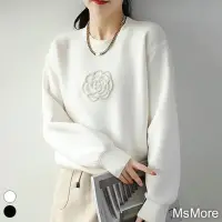 在飛比找momo購物網優惠-【MsMore】小香風法式立體山茶花圓領長袖韓版寬鬆短版上衣