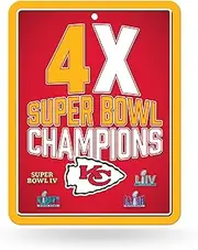 Rico Industries NFL Football Kansas City Chiefs 4 Time Super Bowl Champs 8.5" x 11" Carbon Fiber Metal Parking Sign - Great for Man Cave, Bed Room, Office, Home Décor