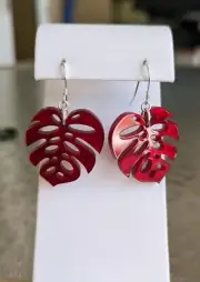 Red Iridescent Monstera Leaf Tropical Earrings in Acrylic – Lightweight