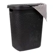 Laundry Hamper Plastic Basket Black 50L Slim Wicker Lid Ventilated Storage Bin