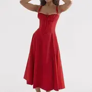 Spaghetti Strap Plain Ruched Midi A-Line Corset Dress Red - L