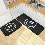 XYMZR Happy Face Black White Kitchen Mat for Floor, 2 Piece, Non Slip Washable Kitchen Rugs for Kitchen & Home Decor, Sink, Bathroom 19.7” x 27.6” + 19.7” + 47.2”