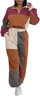[ksotutm] Fall Two Piece Sets for Women Casual Sweatsuit Sets Color Clash Long Sleeve Shirt and Wide Pants