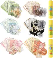300Pcs Vintage Scrapbook Paper Kit with Glue Stick for Decoupage Craft Paper, Bu