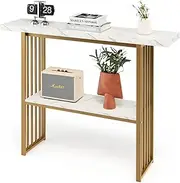 Costway Faux Marble Console Table, 2-Tier Couch Side Table with Anti-Toppling Kit, Long Buffet Table, Entryway Hallway Table for Living Room, Dining Room & Kitchen, White & Gold