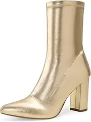 [Shoe'N Tale] Women's Ankle Boots Pointed Toe Chunky High Heel Slip-on Stretchy Booties Shoes