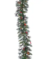 Sterling Tree Company 9ft Long Pre Lit Glazier Pine Garland With Iced Tips, Pine Cones, Red Berries, 100 Ul Clear Led Lights