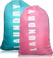 2 Pack Upgrade Extra Large Travel Laundry Bag with Drawstring，24" x 36" Durable Rip-Stop Dirty Clothes Shoulder Bag for Travel, Bathroom Home or Dormitory (Blue Pink)