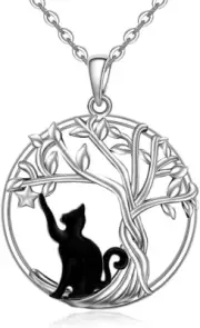 Black Cat Tree of Life Necklace Gifts for Women Sterling Silver Pendant Jewelry