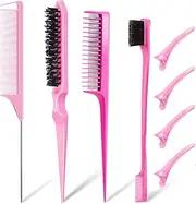 8 Pcs Styling Hair Comb Brush Set with Teasing Edge Brush Parting Rat Tail Comb Hairclip for Women Slicking Ponytail and Smoothing Hair(Pink)