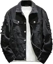 [JEShifangjiusu] Men's Vintage Denim Jacket Rugged Wear Long Sleeve Casual Trucker Jackets, Black, 5X-Large