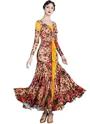 [YHHGDS] Yellow Ballroom Dance Dress for Women,Big Swing Competition Dance Costume V Neck Dancing Training Outfit