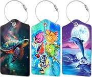 [BestEioyo] 3 Pcs Luggage Tag for Suitcase, Travel Cruise Leather Bag Tags Identifiers Privacy Cover ID Label with Durable Steel Loop for Women Men Kids Girls Travel, Ocean