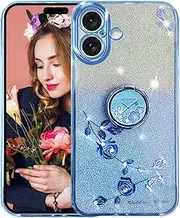 Ysnzaq Glitter Flowers Case for iPhone 16 6.1 Inch with Ring Holder, Bling Sparkle Silicone Soft TPU Shockproof Bumper Mobile Phone Case for iPhone 16 / Apple 16 YSH Blue
