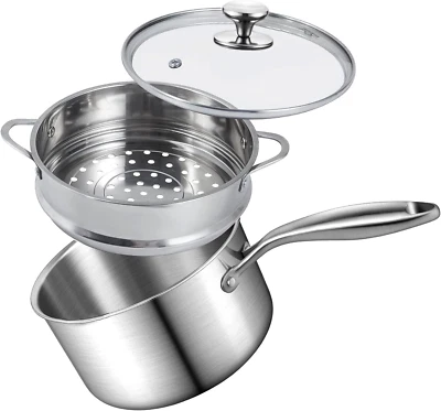 Steamer for Cooking, 2.5 Quart Saucepan with Steamer Basket, 18/8 Tri-Ply Constr