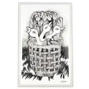 Original Pen and Ink Drawing by Poxodd - Basket of Baby Birds
