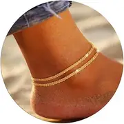 [Robaice] Ankle Bracelets for Women, Glitter Waterproof Adjustable Anklet for Women, 14K Gold Plated/Sterling Silver Layered Anklets, Summer Beach Anklet Jewelry for Women Gift