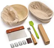 Bread Banneton Proofing Basket Set of 2, 9 Inch Round & 10 Oval Cane Sourdough Baskets with Lame + Dough Scraper Linen Liner Basting Brush for Making Baking Fermentation