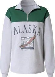 Streetwear Vintage ALASKA Graphic Eagle Printed Colorblock Fleece Quarter Zip Sweatshirt - Light Gray Size XL
