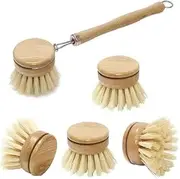 [Leanockesa] Natural Bamboo Pot Dish Scrub Brush Set with Handle, Wooden Kitchen Dish Brush, Dish Scrubber Replacement Brush Heads (Pot Brush*1+Brush Head*4)