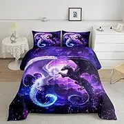 Black White Dragon Comforter Set Queen Size,Nebula Star Glitter Bedding Set for Kids Teens Couple Adults Room Decor,Western Magical Wildlife Duvet Insert 3Pcs,Animal Purple Quilt Set,2 Pillowcases