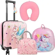 [QZUnique] Unicorn Kids Luggage Suitcase Set - 5 Piece Upright Kids Carry on Luggage with Wheels Set Unicorn Hard Shell Backpack Neck Pillow Lunch Bag Luggage Tag Hardside Spinner Rolling Suitcase for Travel,