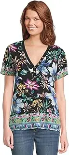 [Johnny Was] Women's The Janie Favorite Short Sleeve Henley Tee, Jumuno Black, Large