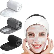 3 Pack Spa Headbands – Adjustable Skincare & Facial Head Wrap with Non-Slip Tape, Soft Terry Cloth Headband for Washing Face, Makeup, Shower, Yoga & Gym (Black, White, Grey)