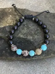 Turquoise & Jasper 10mm Beaded Bracelet, Adjustable Cord Bracelet, Multicolor