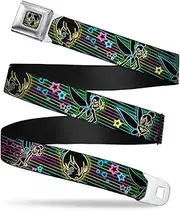 [Buckle-Down] Seatbelt Belt - Electric Tinkerbell Poses/Stripes Black/Multi Neon - 1.0" Wide - 20-36 Inches in Length