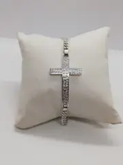 .925 Solid Silver Cross Bracelet Cubic Circonia /Cuban Link Chain New.