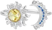 [Dtja] CZ Sun Moon Celestial 925 Sterling Silver Adjustable Ring for Women Girls Dainty Blue Crystal Crescent Yellow Gold Sunshine Statement Expandable Open Wrap Finger Rings Comfort Fit Cute Jewelry Gift,
