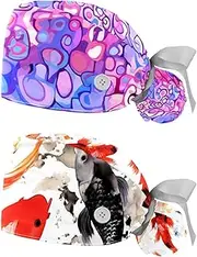 [YTYVAGT] 2-Pc,Nurse Scrub Caps,Scrub Hats with Buttons and Cotton Sweatband,Bright Pink Pattern Purple