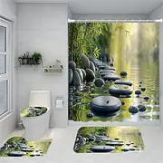 Pebble Bamboo Forest Calm Water Pattern 4 Pcs Shower Curtain Set Bathroom Sets Modern Home Bathroom Decor with Bath Mat U Shape and Toilet Lid Cover Mat and 1