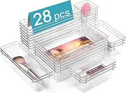 28 PCS Clear Plastic Drawer Organizers Set, 4-Size Bathroom and Vanity Drawer Organizer Trays, Acrylic Storage Bins for Makeup, Cosmetic, Kitchen Utensils, Tool Organizer for Gadgets