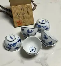 在飛比找Yahoo!奇摩拍賣優惠-日本煎茶道祖師賣茶翁好 青花染附生肖申猴茶杯五客杯 全新全品