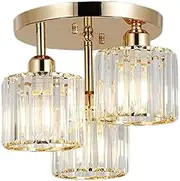 E26 Modern Crystal Chandelier, 3-Light Crystal Ceiling Light with Glass Lampshade, Ceiling Lamp Hanging Living Room, Glass Pendant Light for Bedroom, Kitchen, Hallway, Bathroom, Gold