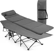 Costway Folding Travel Camping Cot, Retractable Military Sleeping Cot w/Carry Bag, Removable Mattress & Pillow, Portable Heavy Duty Camping Bed, Folding Chaise Lounge Chair for Adults, Blue/Grey