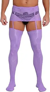 [Linjinx] Men's Sissy Leggings Thigh-High Stockings Suspender Pantyhose Semi See-through Lace Tights