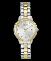 Guess Heartless Polished Two Tone Case With Crystals Sunray Silver Date Dial And Polished Two Tone Bracelet With Crystals GW0725L1