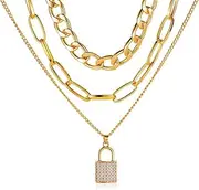 [Spiritrain] Chunky Lock Chain Pendant Necklace for Women Teen Girls Gold Silver Plated Punk Statement Layered Paperclip Chain Chic Rhinestone Cubic Zirconia Padlock Link Choker Necklace for Hip Hop Trendy Jewelry Gifts