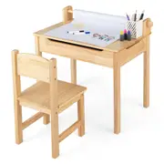 Giantex Wooden Table Chairs Set Activity Drawing Desk w/Paper Roll Holder & Markers Natural