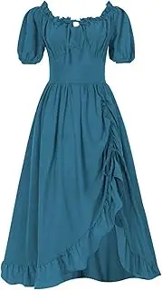 [Oplxuo] Women Renaissance Dress Peasant Medieval Costume Puff Sleeve Maxi Dress Drawstring Side Ruffle A Line Pirate Dress