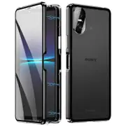 For Sony Xperia 10 Vi Tempered Glass Case Metal Frame Clear Pc Back Magnetic Phone Cover - Black