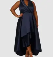 Adrianna Papell Women's Blue Tuxedo Sleeveless High-Low Gown Dress Plus Size 18W