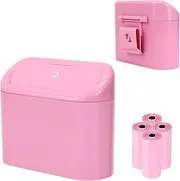 Ginsco Mini Car Trash Can with Lid, Small Car Garbage Can, Cute Leakproof ABS Car Trash Bin, Car Accessories for Interior, Garbage Bin for Car, Home, Office with 60pcs Trash Bags Pink