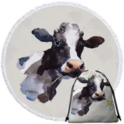 White Flower Cow Round Beach Towel